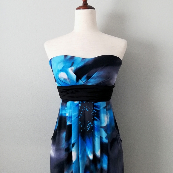 Stitch Empire Waist Strapless Blue Floral Maxi Dress With Pockets, Size Medium - Picture 15 of 16